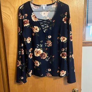 New J for Justify Navy blue Floral crisscross V neck women’s xl long sleeves